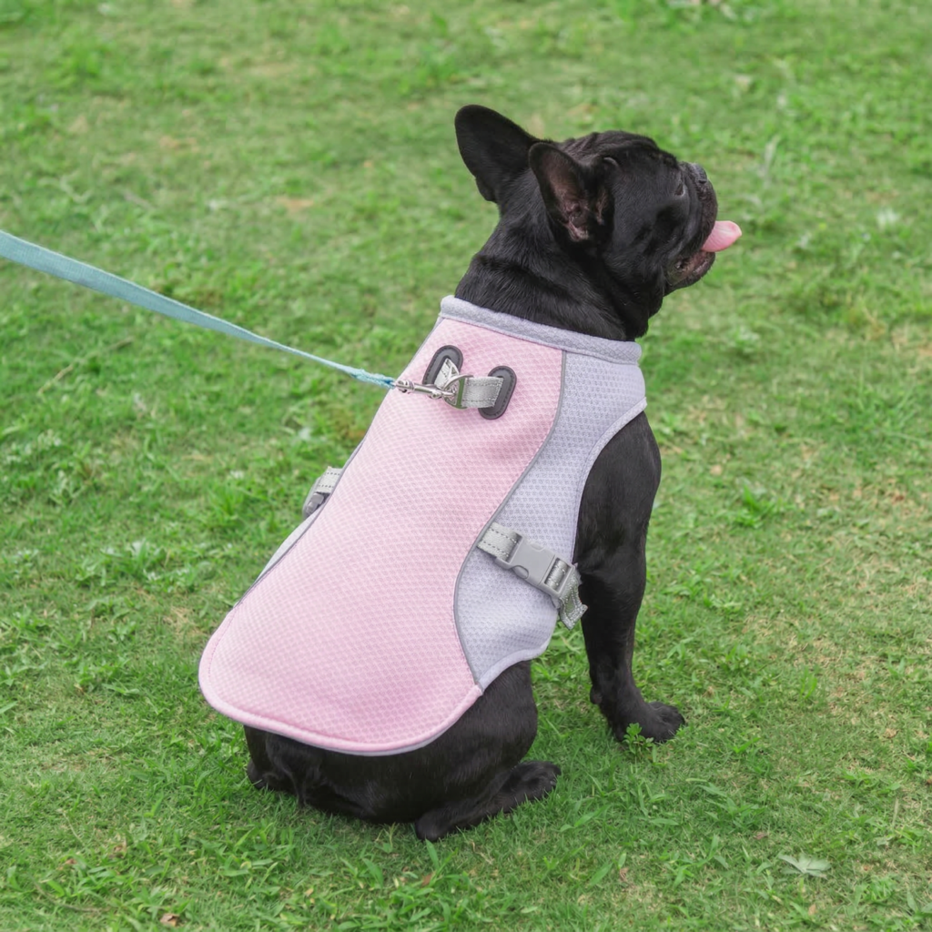 Close up of adjustable straps on a cooling vest for dogs ensuring a safe fit around a French Bulldog neck.