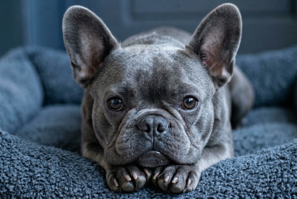 Close-up of French Bulldog eye discharge with watery tearing