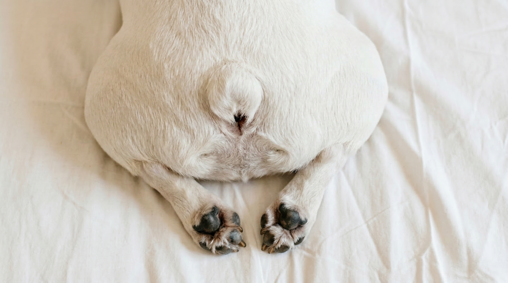 Photo showing red skin under dog tail caused by an infected tail pocket French Bulldog.