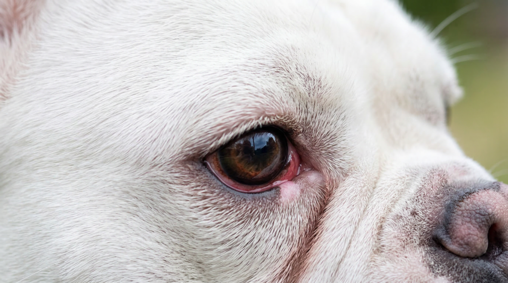 Cherry eye in a French bulldog with pink tissue in the inner eye corner