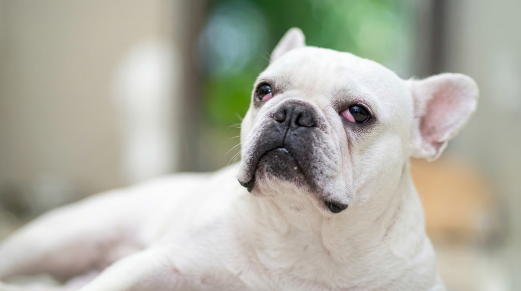 French bulldog with cherry eye and visible swelling near the third eyelid