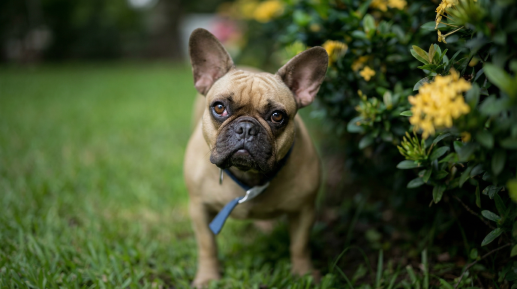 Close-up of a French Bulldog showing brachycephalic facial structure and narrowed nostrils