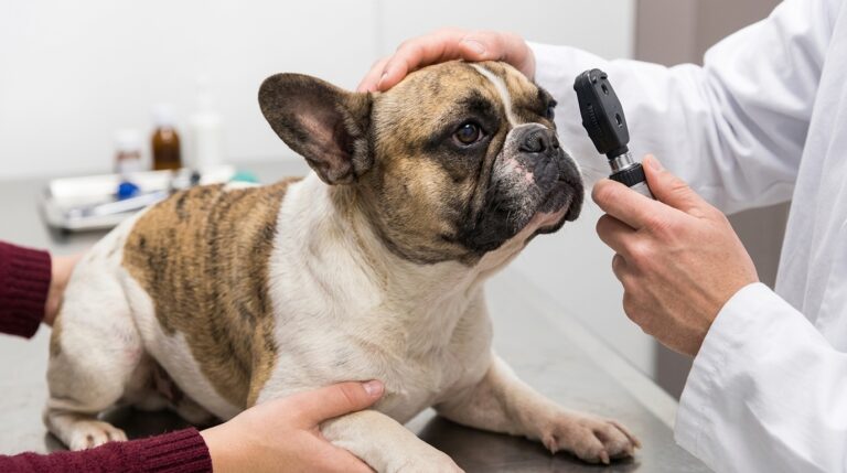 French Bulldog skin fold dermatitis in the nose wrinkle with signs of irritation and odor
