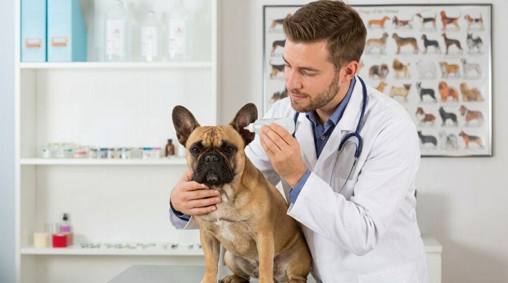 Ear infection in French Bulldog with brown discharge and ear odor
