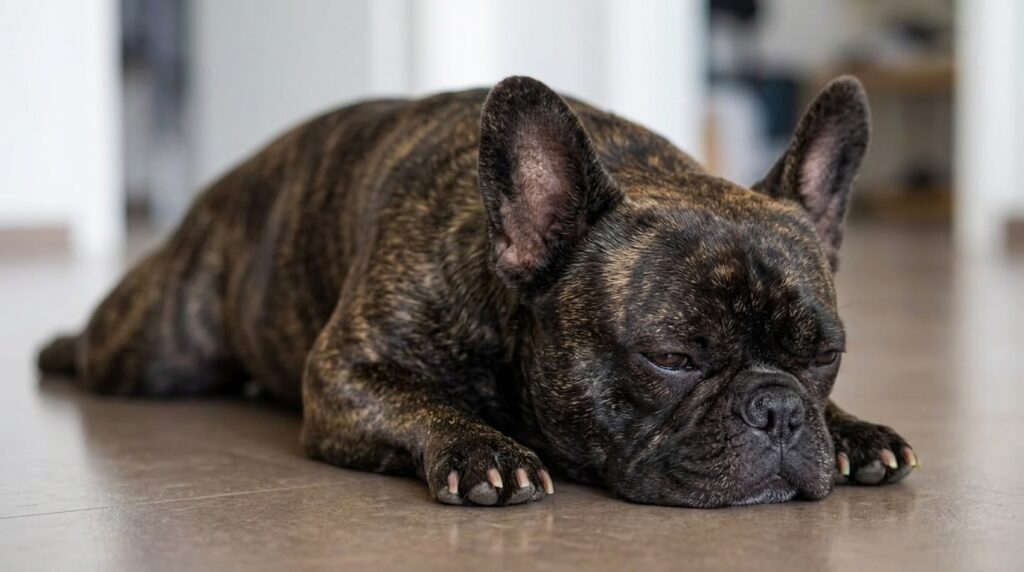 French Bulldog heat exhaustion recovery on a cool floor indoors