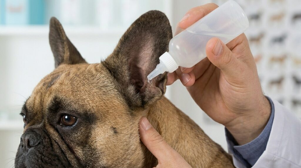 Ear infection in French Bulldog with scratching and swelling around the ear
