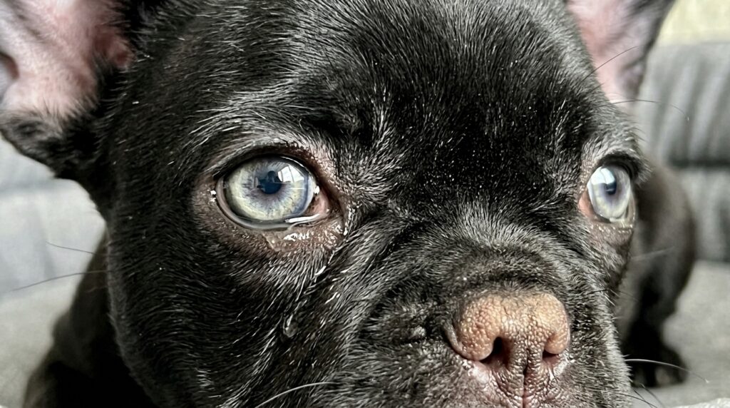 Close-up of French Bulldog watery eyes showing tear stains and irritation