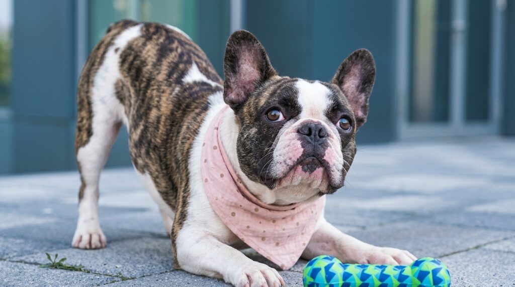 French Bulldog resting on a cool floor indoors