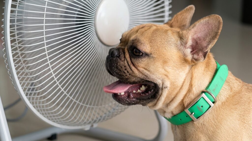 French Bulldog lying on a cool floor after becoming too hot