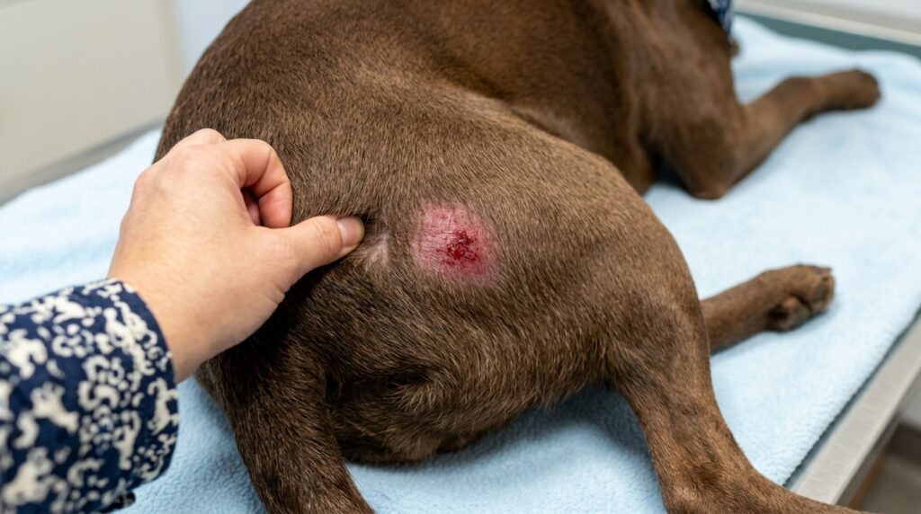 French Bulldog skin rash with red irritated patches and mild redness on the skin

