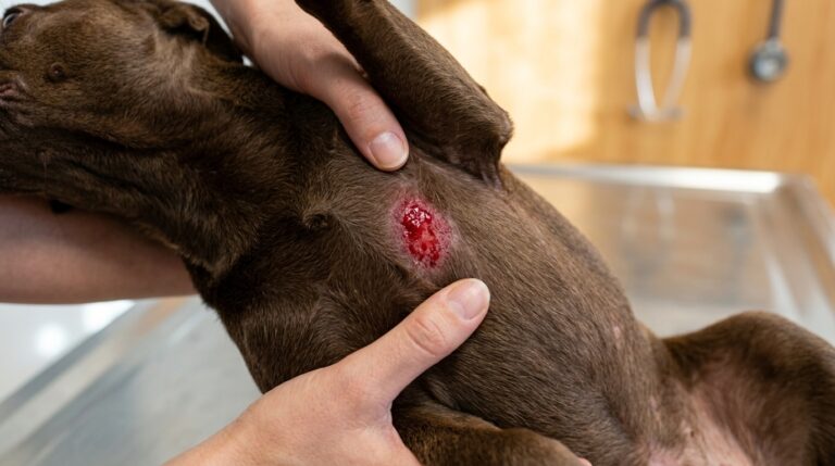 French Bulldog skin rash on the belly with red irritated patches and mild redness on the skin