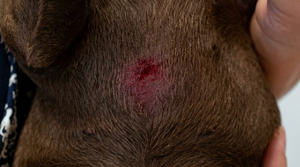 French Bulldog skin rash on the belly with red irritated patches and mild redness on the skin