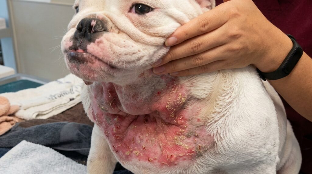 French Bulldog skin infection guide showing red skin, odor, moisture, and common fold areas