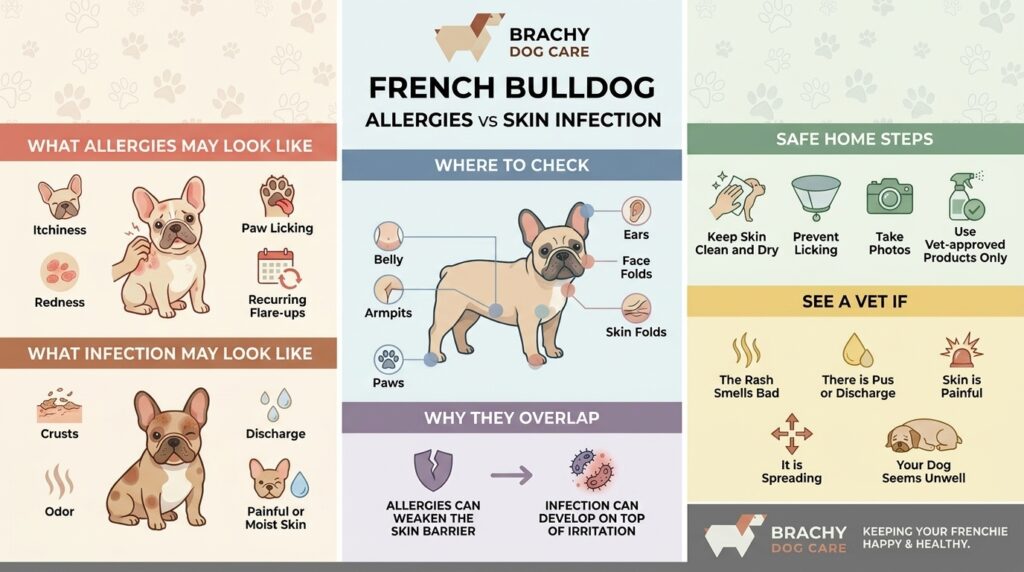 French Bulldog allergies vs skin infection infographic showing allergy signs, infection signs, and when to see a vet