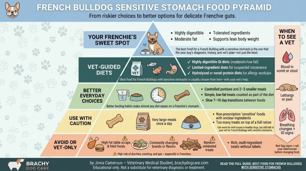 a visiual and infographic highlghting the food pyramyd for french bulldog