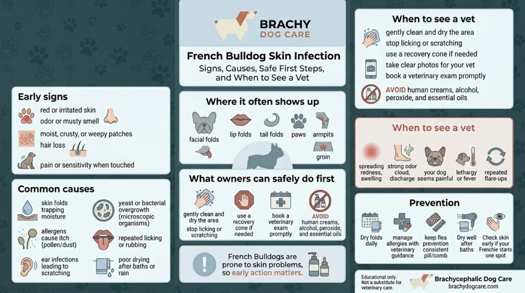 French Bulldog skin infection infographic with veterinary-safe cleaning steps and warning signs