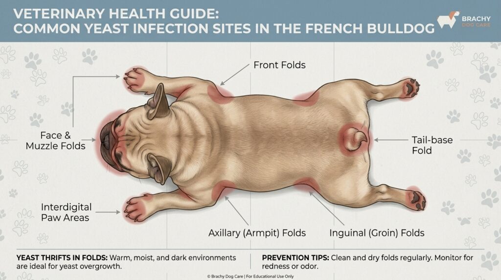 Top-down body map of a French Bulldog showing common skin yeast infection areas on the face, paws, armpits, groin, and tail base