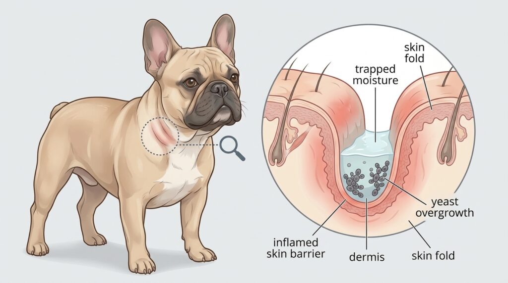 Cross-section illustration of a French Bulldog skin fold showing trapped moisture, irritation, and yeast overgrowth
