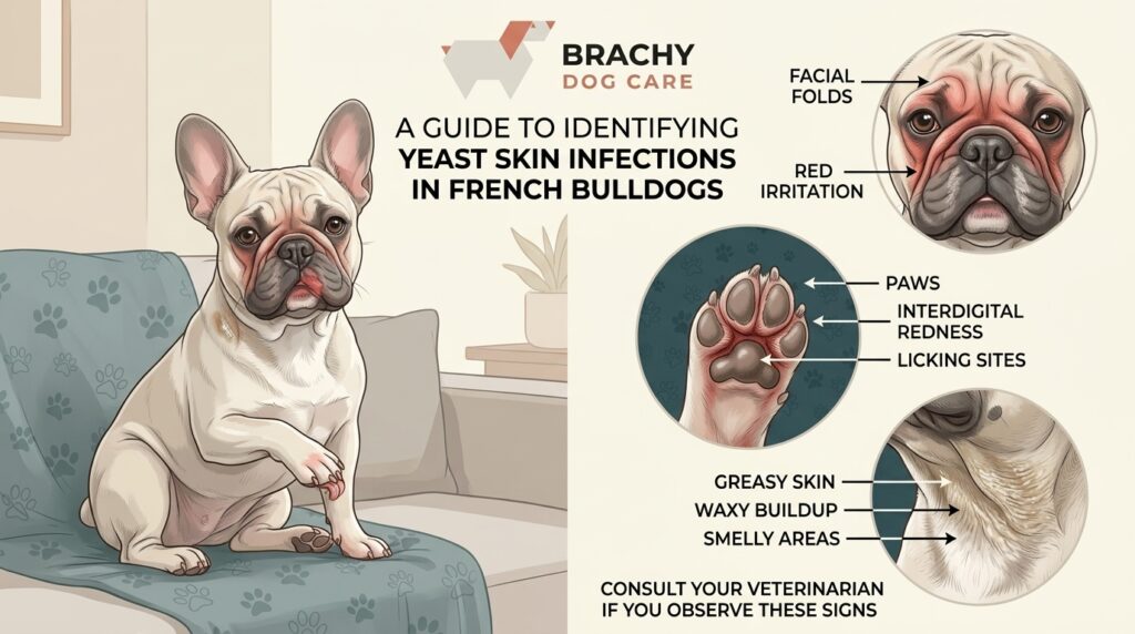 Split-scene illustration of a French Bulldog with skin yeast infection showing red facial folds, greasy skin, and paw irritation