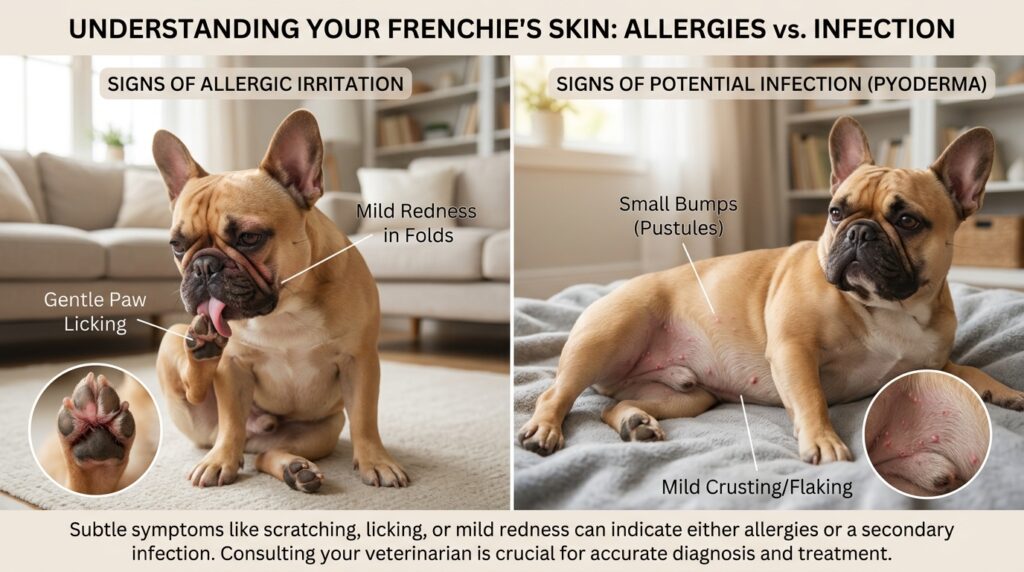 French Bulldog allergies vs skin infection comparison showing common signs like itching, redness, crusts, and odor