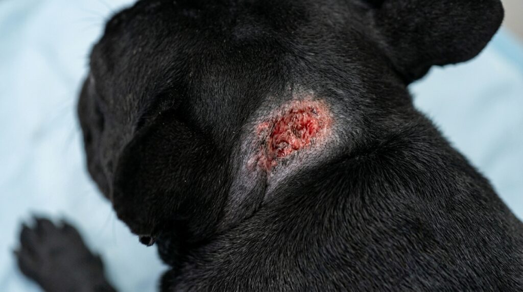 Close-up of French Bulldog hot spots showing a painful weepy skin lesion