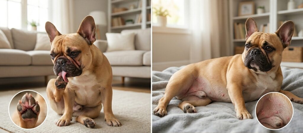 French Bulldog allergies vs skin infection comparison showing common signs like itching, redness, crusts, and odor
