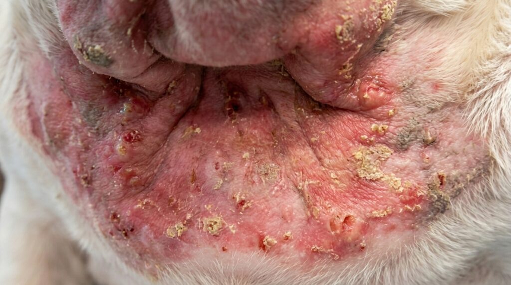 a zoom on a french bulldog skin infection 