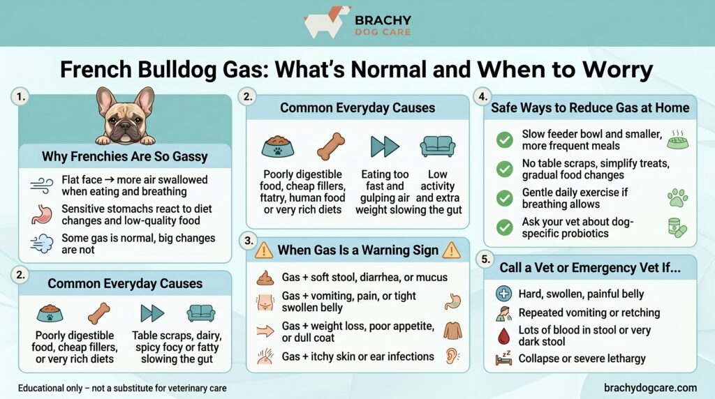 infographic about French Bulldog Gas: Normal Farts, Food Triggers, and When to Worry