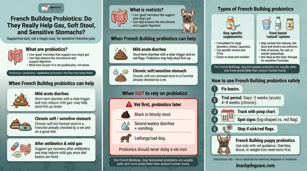 infographic about French Bulldog Probiotics: Do They Really Help Gas, Soft Stool, and Sensitive Stomachs?