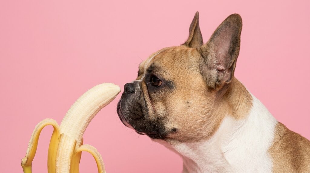 French Bulldog eating a small slice of banana as a treat