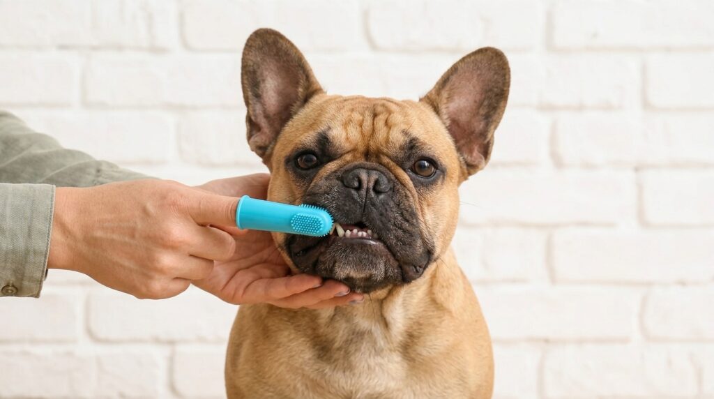 Enzymatic dog toothpaste being applied to a French Bulldog's teeth